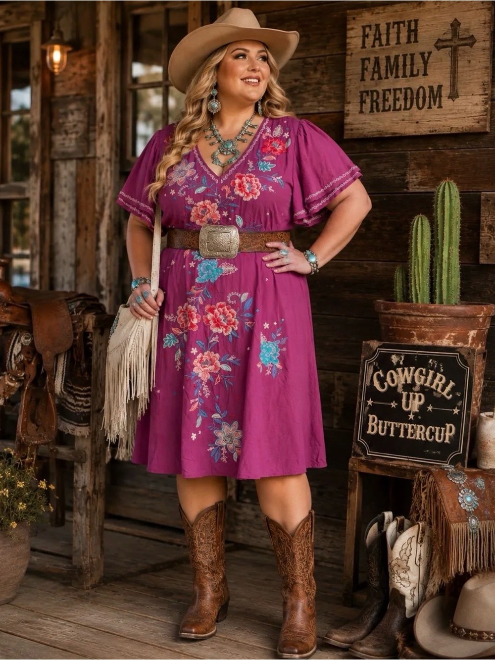 Savanna Jane 3X Berry Purple Embroidered Floral Boho Western Dress NWT